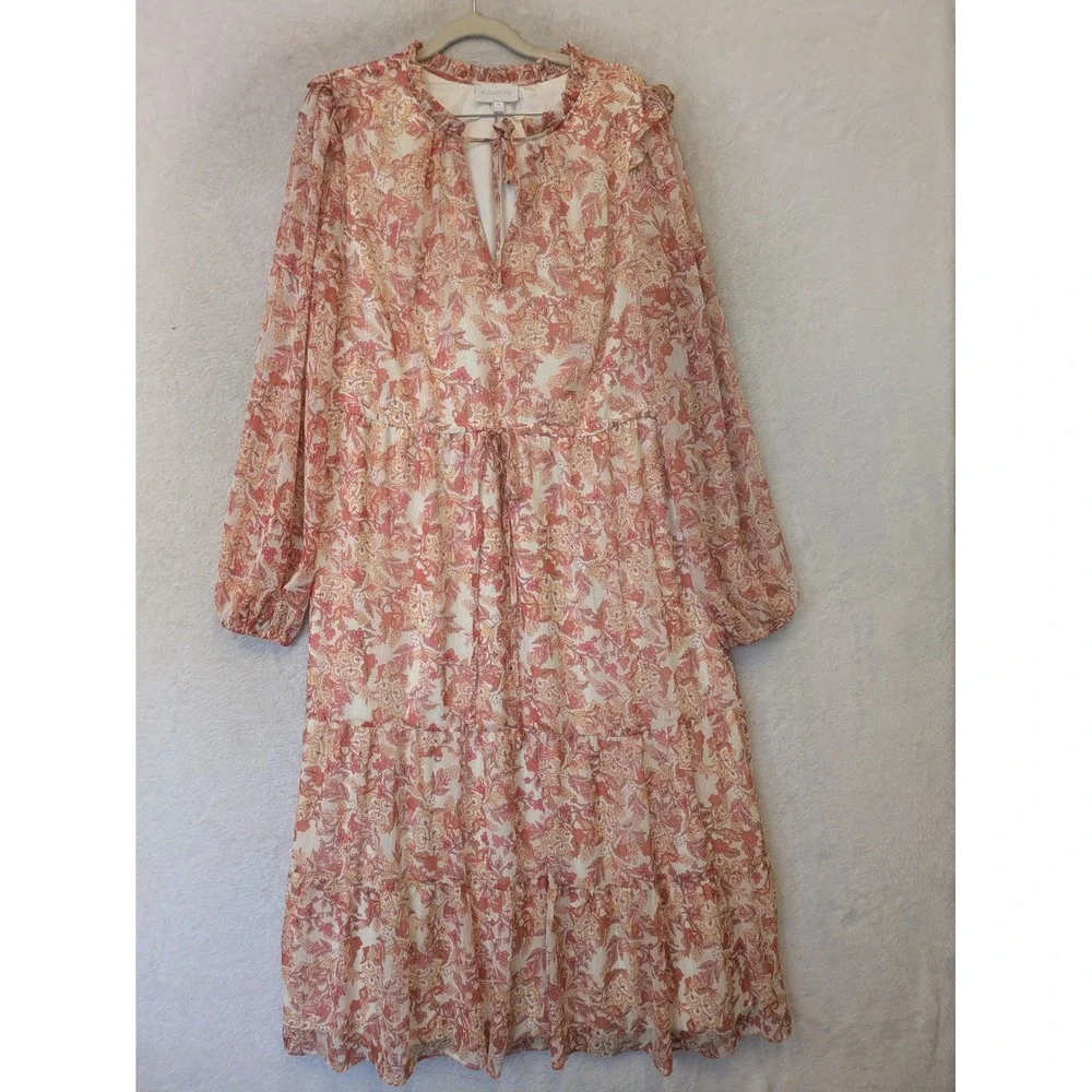 Sugarlips Floral Midi Dress Women's Size M Pink Lurex Shimmer Tiered Long Sleeve